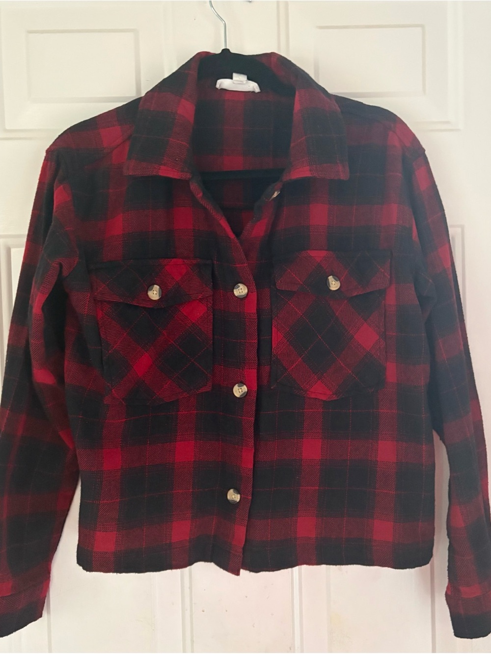 beachlunchlounge Red and Black Plaid Button-Front Jacket